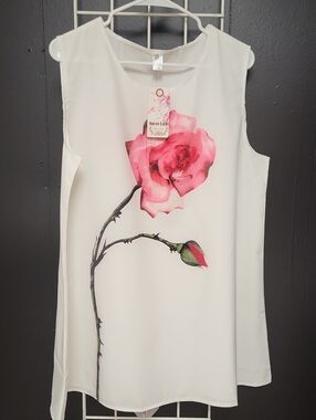 Nwt, White Sleeveless Blouse with Pink Rose Print